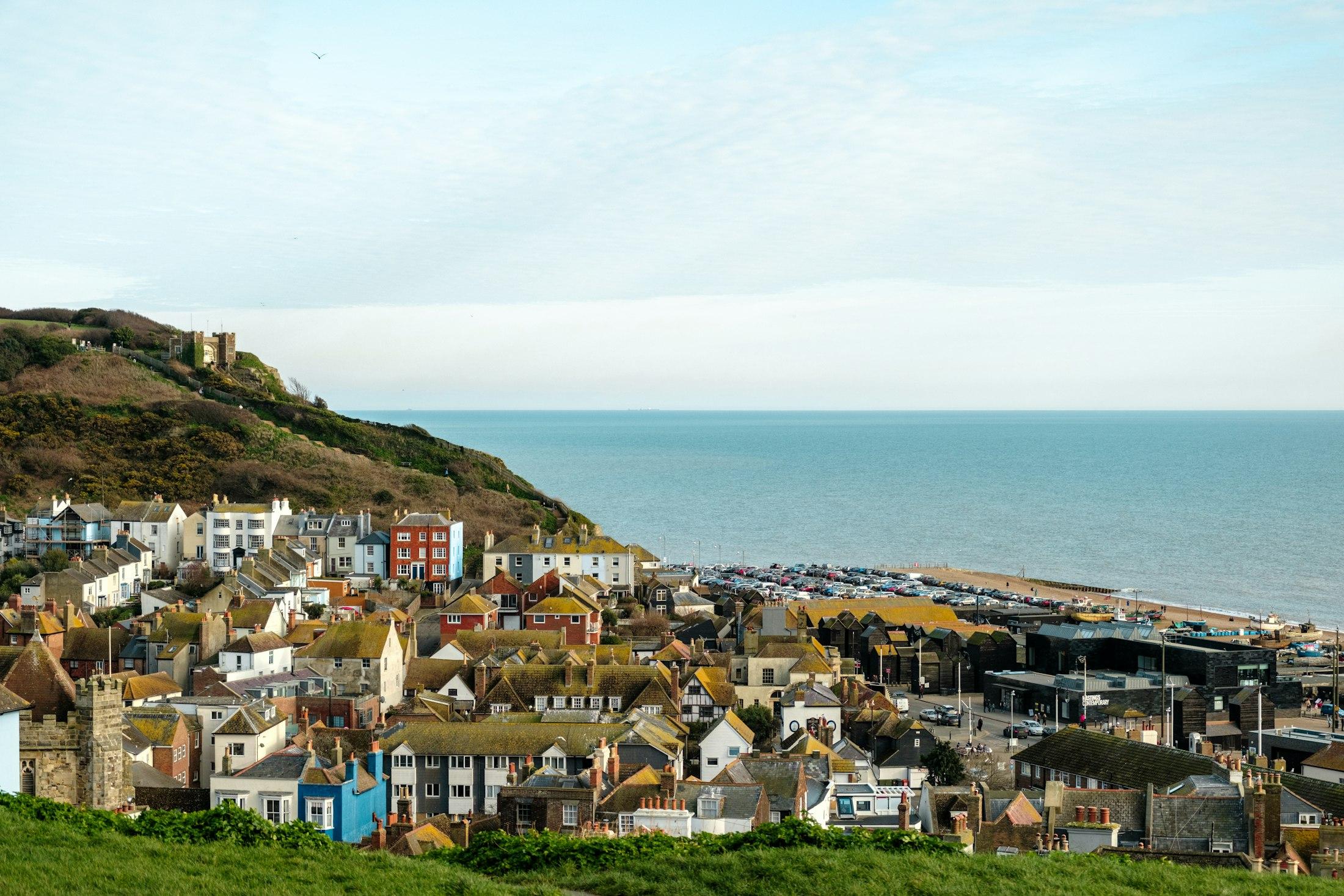 Hastings from the hill, rooftops running down to the sea